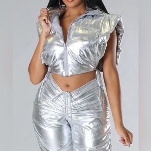 Women's Streetwear Metallic Puff  Zip Up Tie Side Sleeveless Cropped Hood-SIZE L